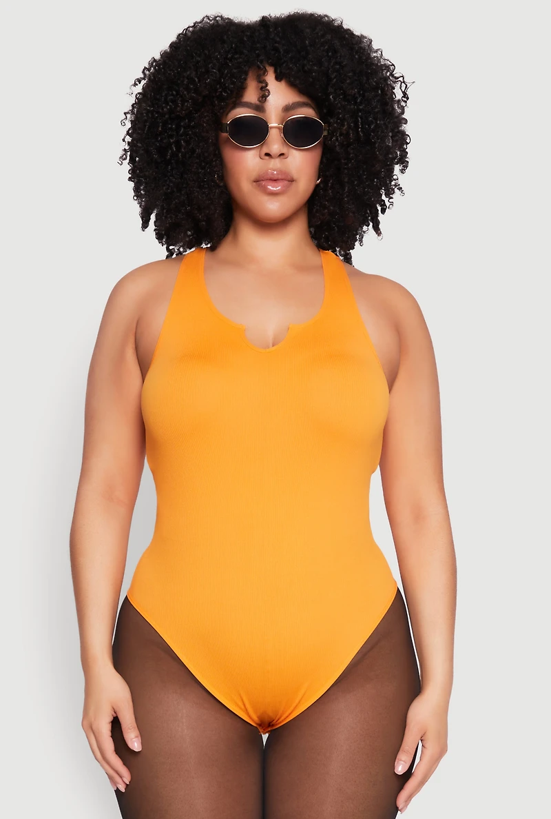 Womens Plus Size Ribbed Notch Neck Tank Bodysuit, Yellow, Size 2X-3X