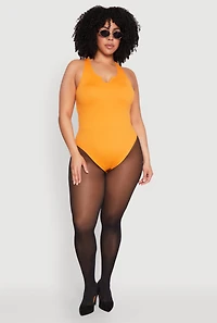 Womens Plus Ribbed Notch Neck Tank Bodysuit, Yellow,