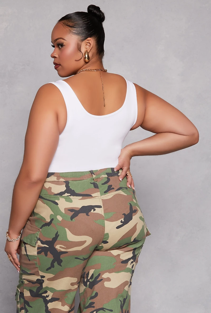 Womens Plus Size Square Neck Tank Bodysuit, White, Size 1X-2X