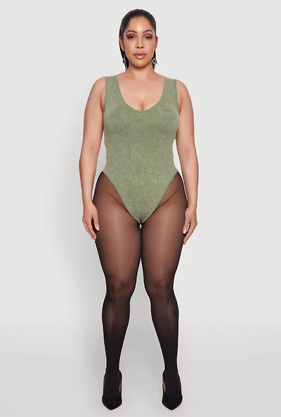 Womens Plus Size Mineral Wash Tank Bodysuit, Green, Size 3X-4X