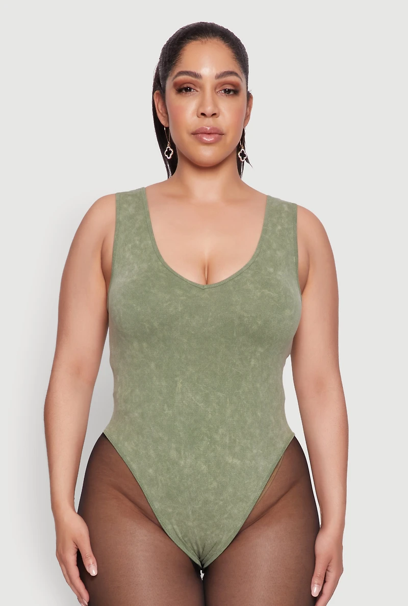 Womens Plus Size Mineral Wash Tank Bodysuit, Green, Size 3X-4X