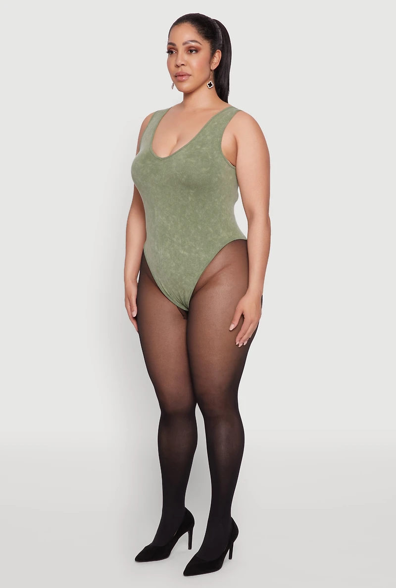 Womens Plus Size Mineral Wash Tank Bodysuit, Green, Size 3X-4X