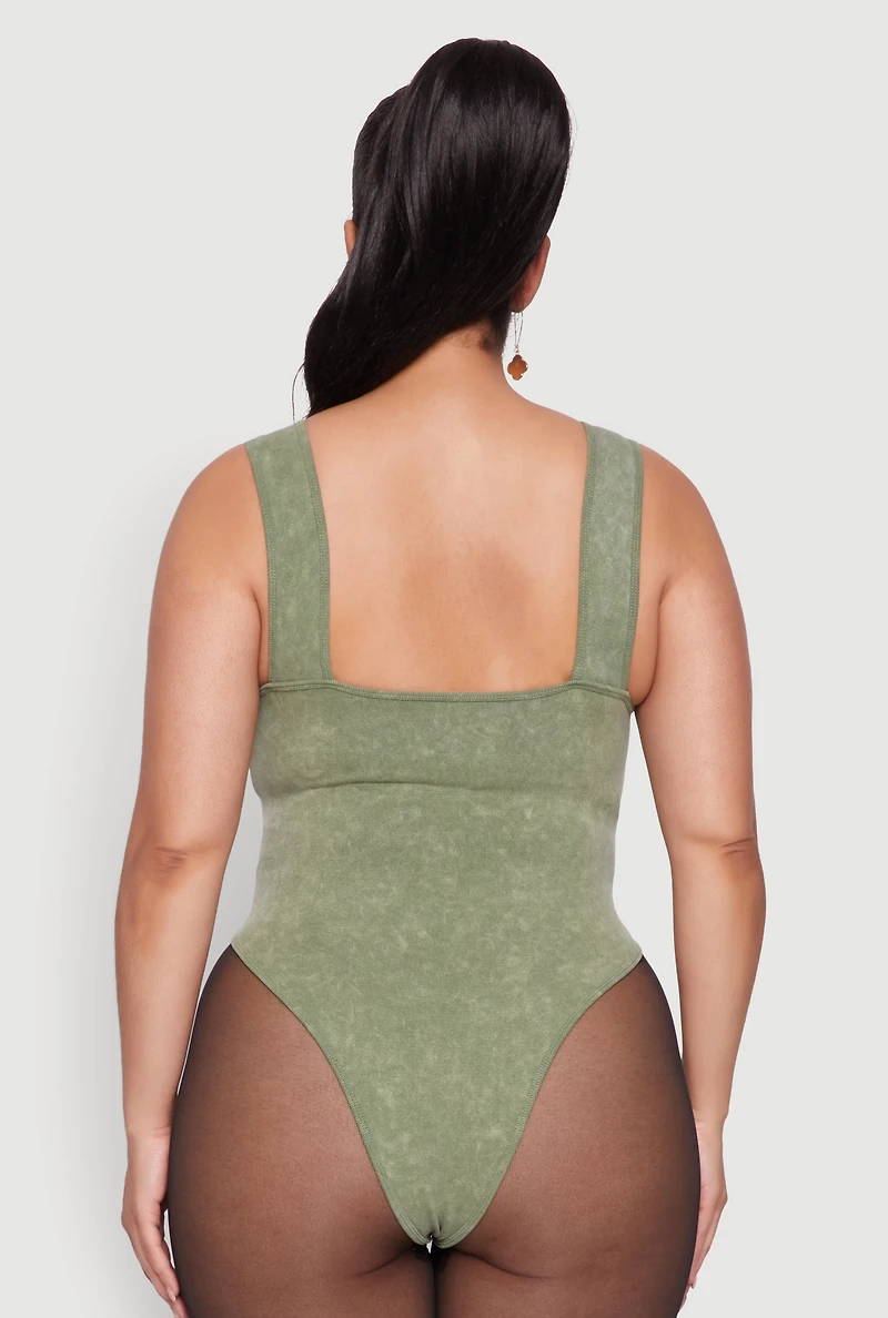 Womens Plus Size Mineral Wash Tank Bodysuit, Green, Size 3X-4X