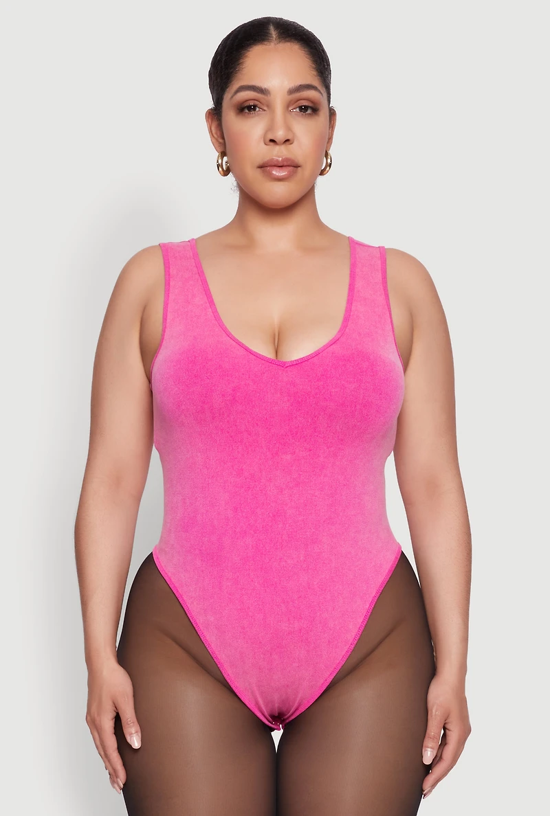 Womens Plus Size Mineral Wash Tank Bodysuit, Pink, Size 3X-4X