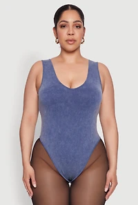 Womens Plus Size Mineral Wash Tank Bodysuit, Blue, Size 1X-2X