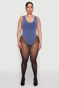 Womens Plus Size Mineral Wash Tank Bodysuit, Blue, Size 1X-2X