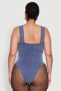 Womens Plus Size Mineral Wash Tank Bodysuit, Blue, Size 1X-2X