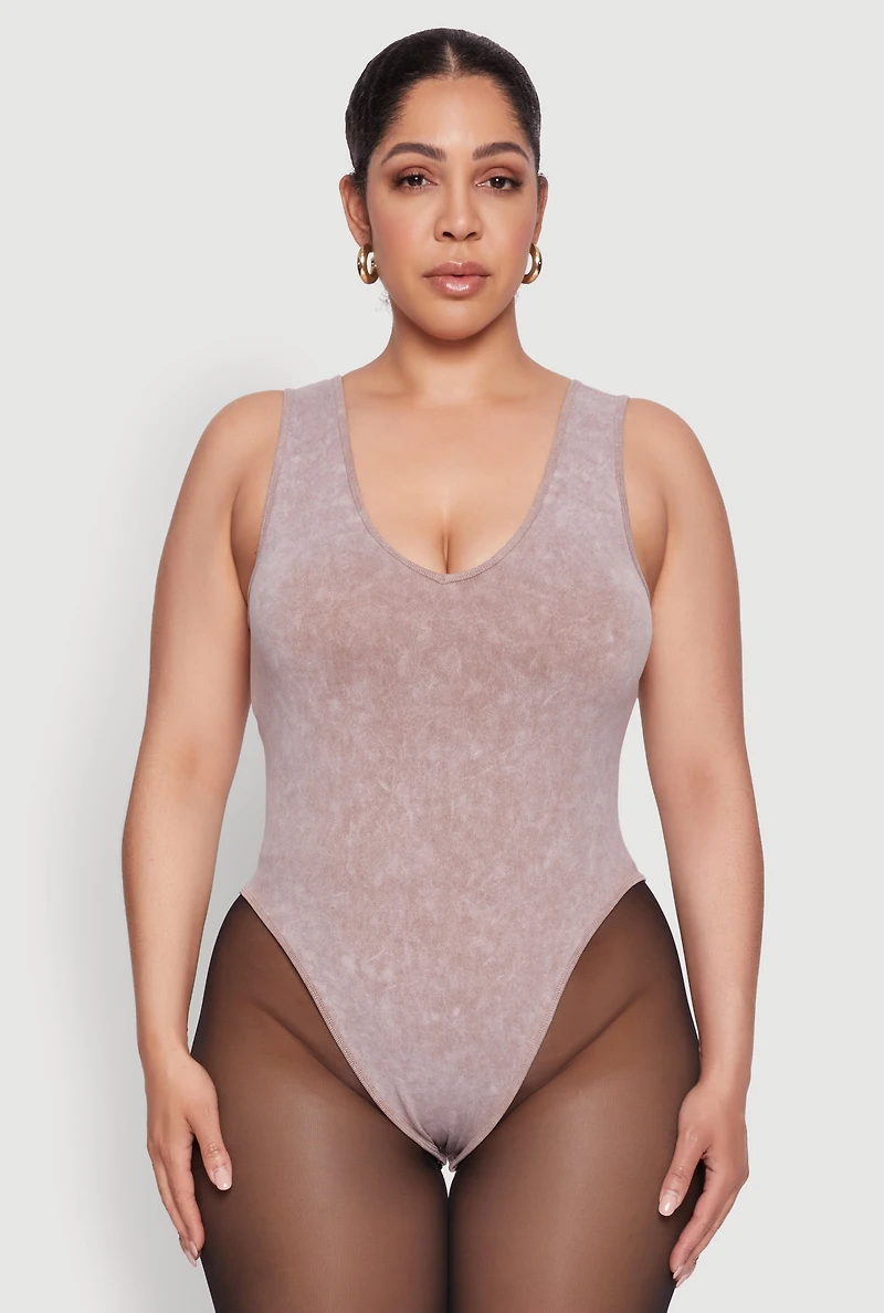 Womens Plus Size Mineral Wash Tank Bodysuit, Brown, Size 1X-2X
