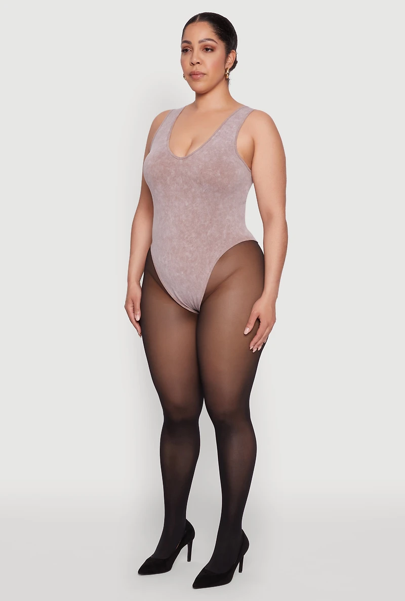 Womens Plus Size Mineral Wash Tank Bodysuit, Brown, Size 1X-2X