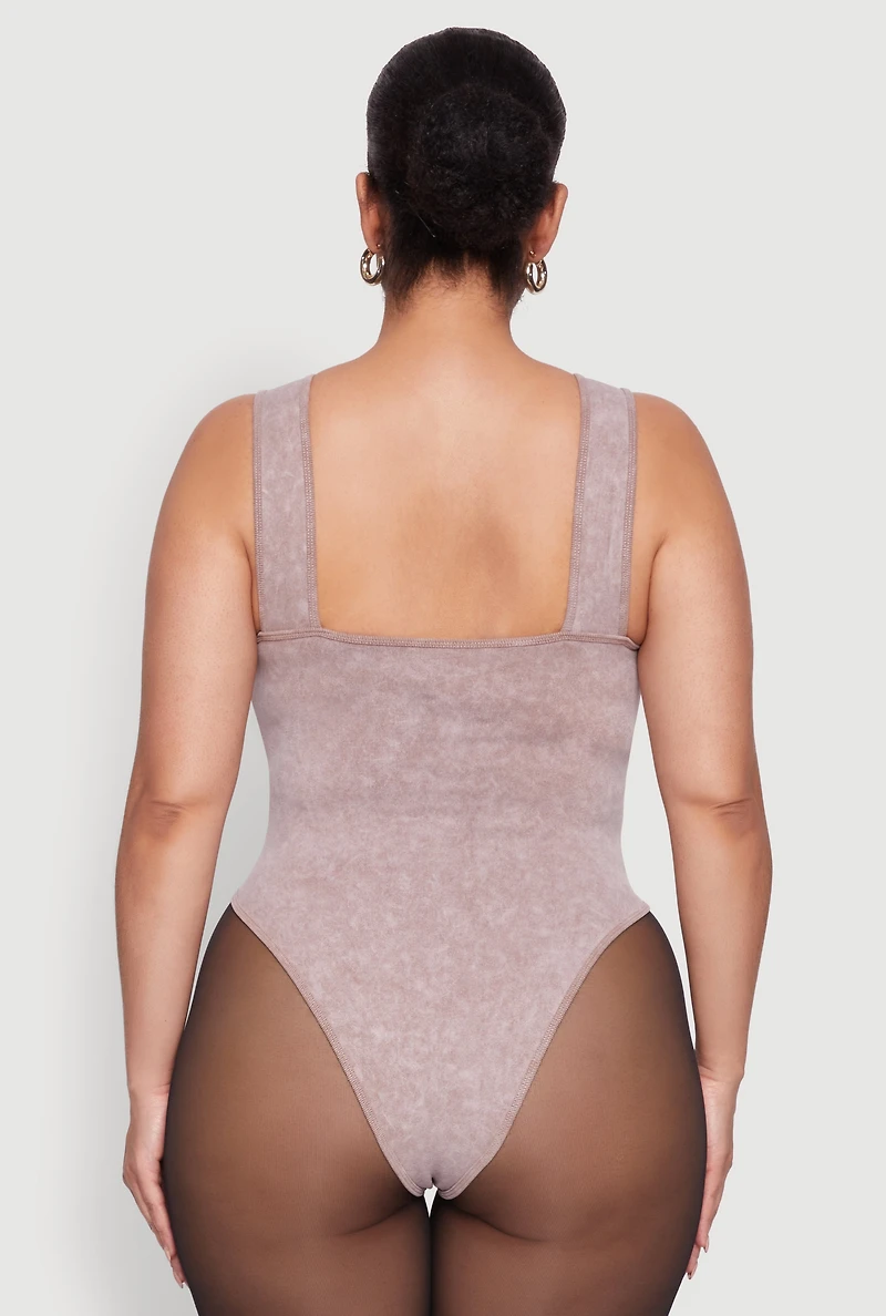 Womens Plus Size Mineral Wash Tank Bodysuit, Brown, Size 1X-2X