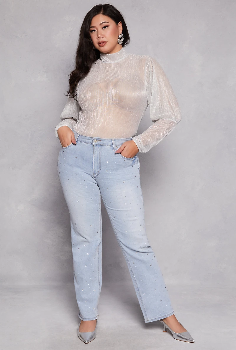 Womens Plus Size Lurex Balloon Sleeve Bodysuit, Grey, Size 3X