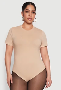 Womens Plus Size Short Sleeve Bodysuit, Beige, Size 1X