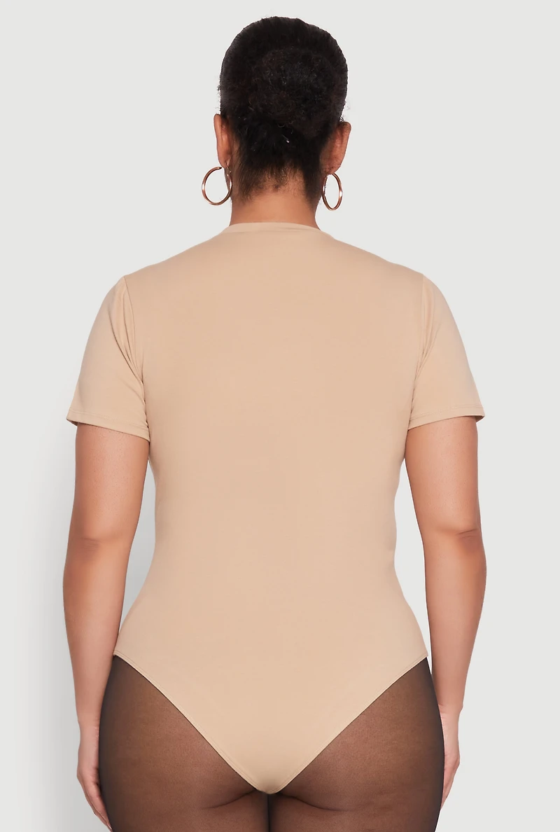 Womens Plus Size Short Sleeve Bodysuit, Beige, Size 1X