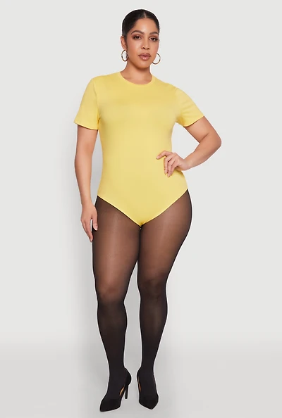 Womens Plus Size Short Sleeve Bodysuit, Yellow, Size 1X