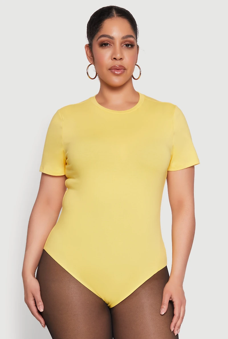 Womens Plus Size Short Sleeve Bodysuit, Yellow, Size 1X