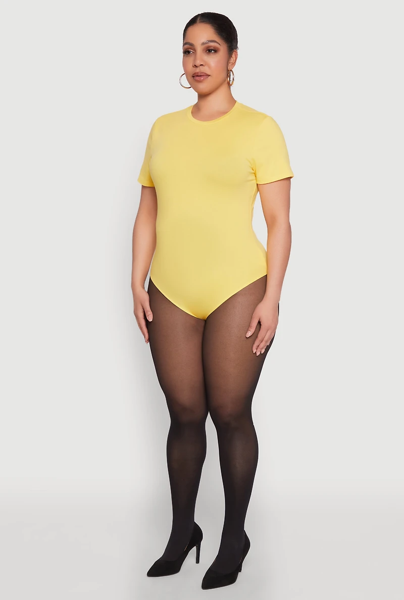 Womens Plus Size Short Sleeve Bodysuit, Yellow, Size 1X