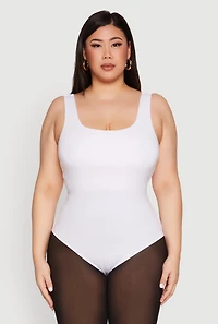 Womens Plus Size Double Layered Scoop Neck Bodysuit, White, Size 2X