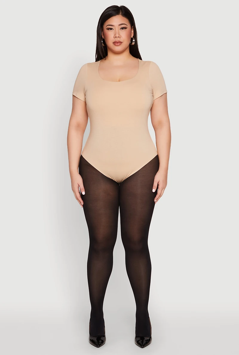 Womens Plus Scoop Neck Double Layered Bodysuit, Beige,