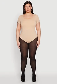 Womens Plus Scoop Neck Double Layered Bodysuit, Beige,