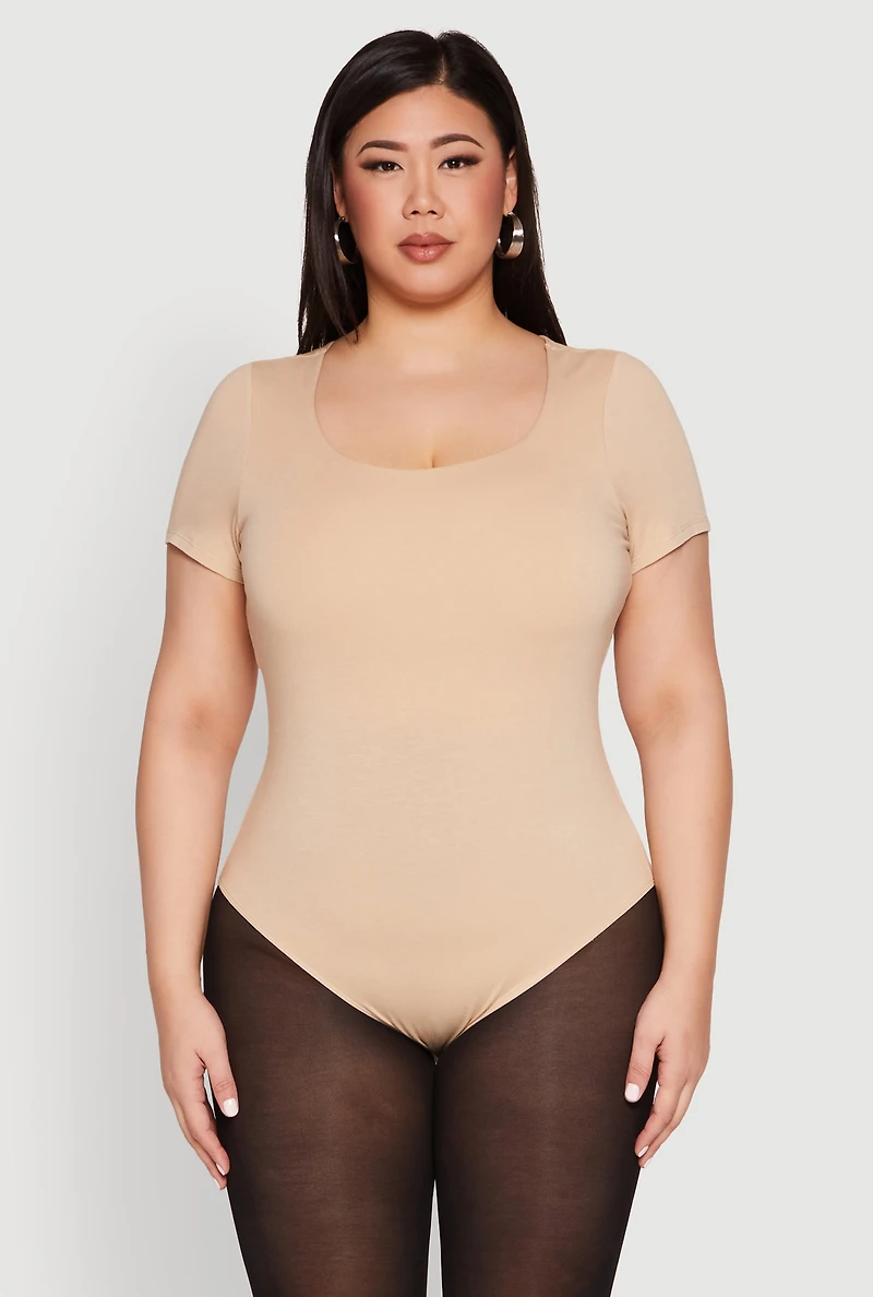 Womens Plus Size Scoop Neck Double Layered Bodysuit, Beige, Size 2X