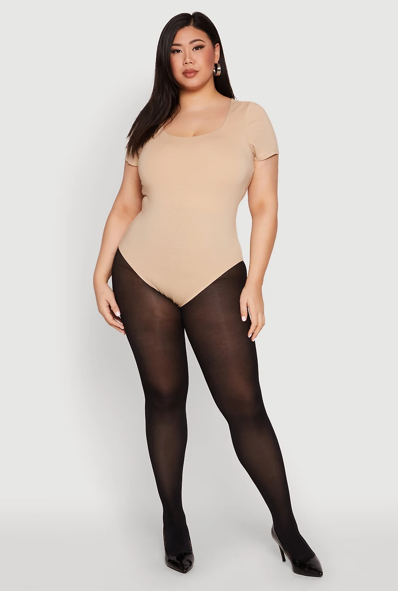 Womens Plus Scoop Neck Double Layered Bodysuit, Beige,