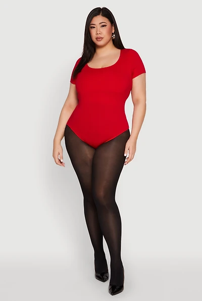 Womens Plus Size Scoop Neck Double Layered Bodysuit, Red, Size 1X