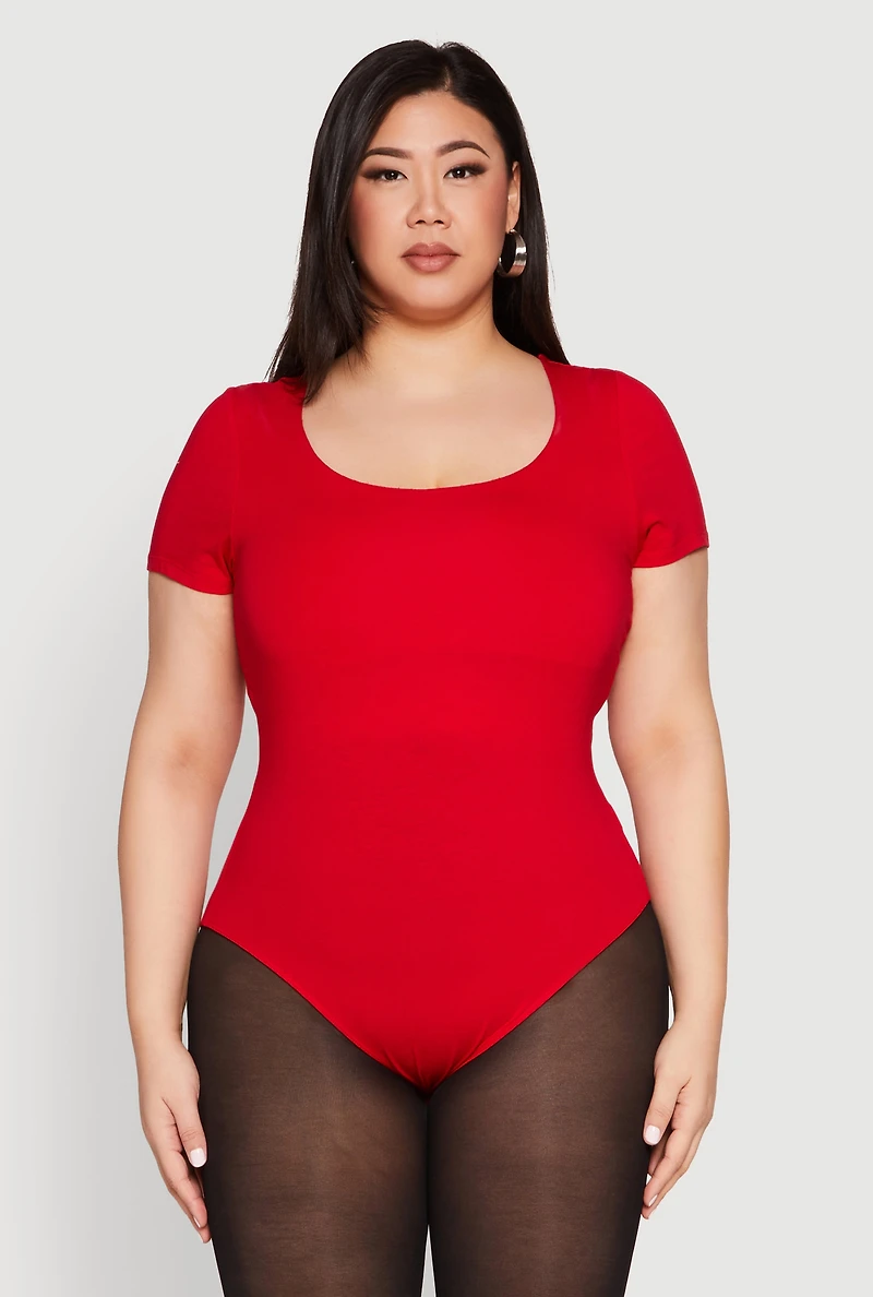 Womens Plus Size Scoop Neck Double Layered Bodysuit, Red, Size 1X