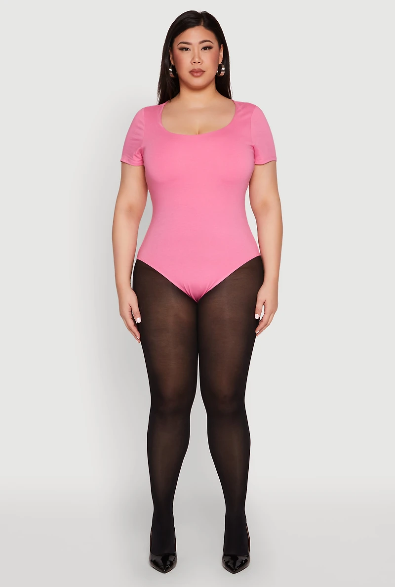 Womens Plus Size Scoop Neck Double Layered Bodysuit, Pink, Size 2X