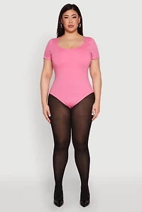 Womens Plus Size Scoop Neck Double Layered Bodysuit, Pink, Size 2X