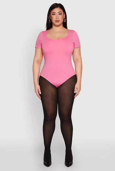 Womens Plus Size Scoop Neck Double Layered Bodysuit, Pink, Size 2X