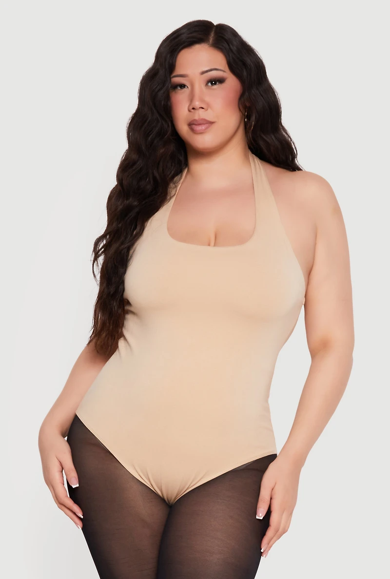 Plus Solid Halter Neck Bodysuit