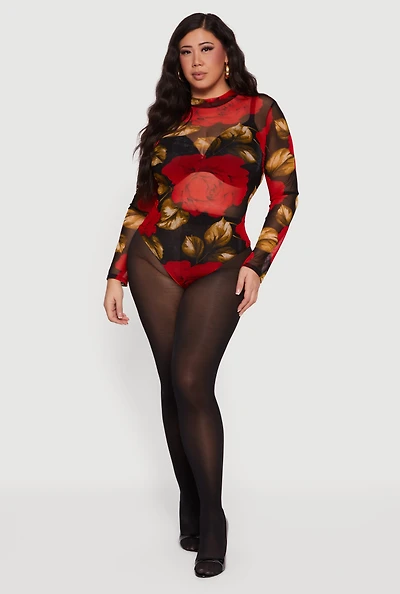 Plus Patterned Mesh Long Sleeve Bodysuit