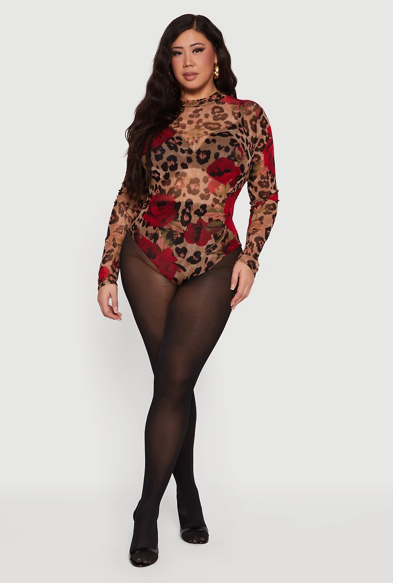 Plus Patterned Mesh Long Sleeve Bodysuit