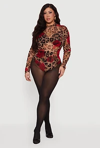 Plus Patterned Mesh Long Sleeve Bodysuit