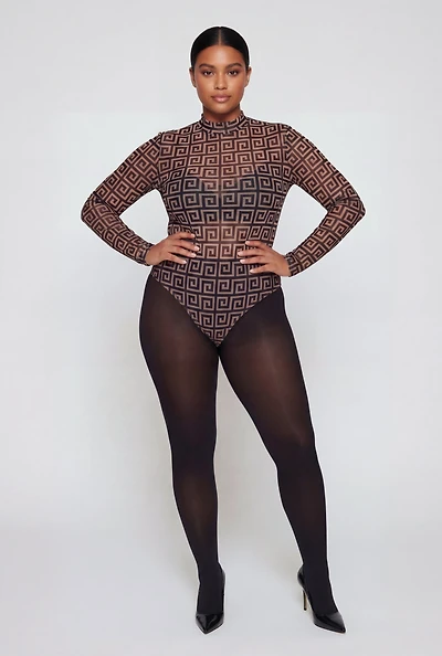 Plus Greek Key Print Mesh Bodysuit
