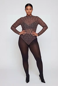Plus Greek Key Print Mesh Bodysuit