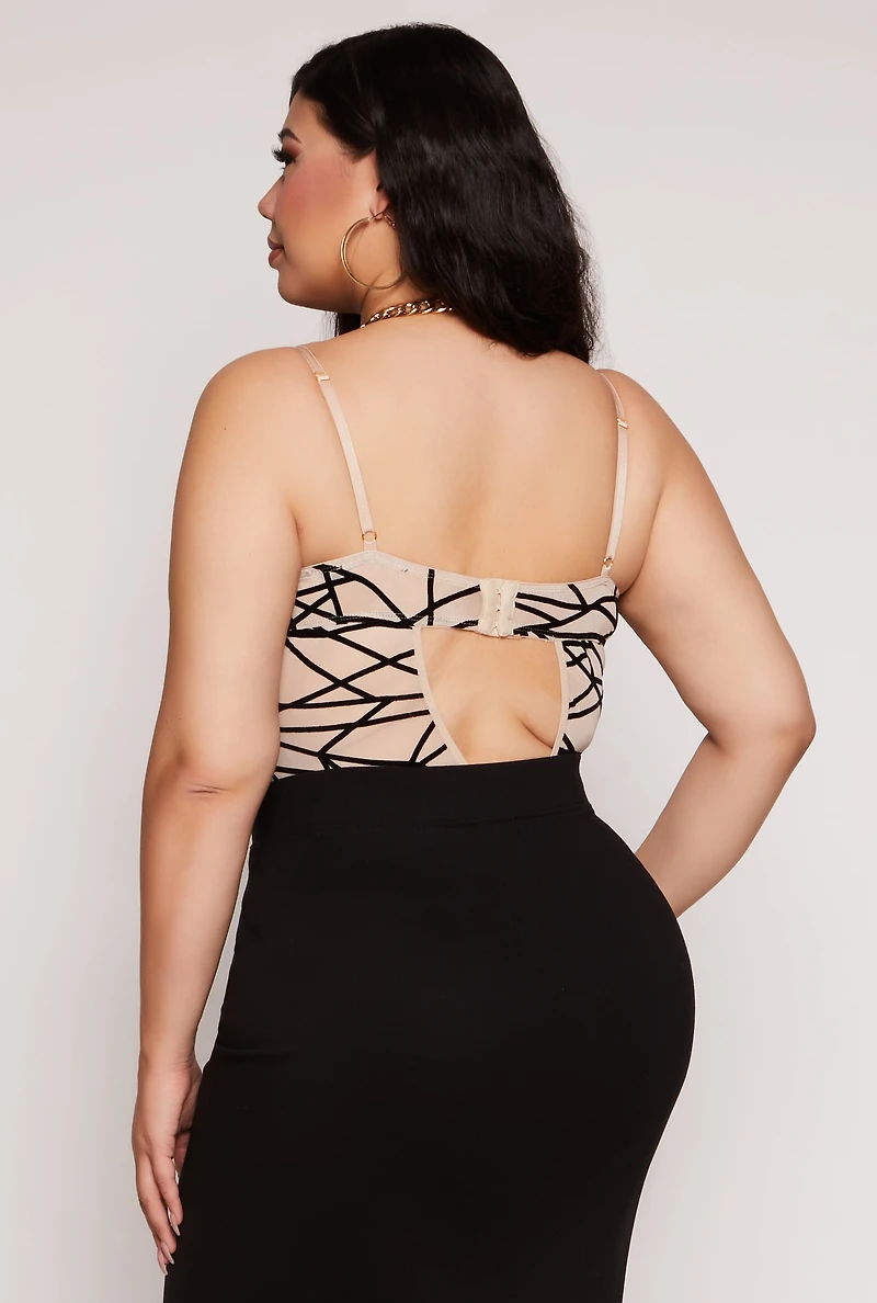 Womens Plus Velvet Burnout Patterned Bustier Bodysuit, 1X