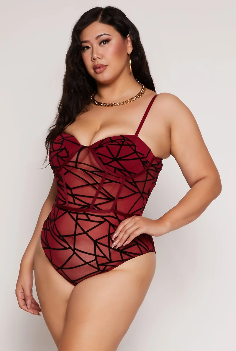 Plus Velvet Burnout Patterned Bustier Bodysuit