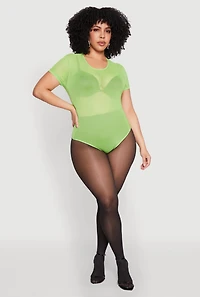 Womens Plus Size Mesh Scoop Neck Bodysuit, Green, Size 3X