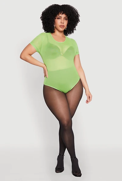 Womens Plus Size Mesh Scoop Neck Bodysuit, Green, Size 2X