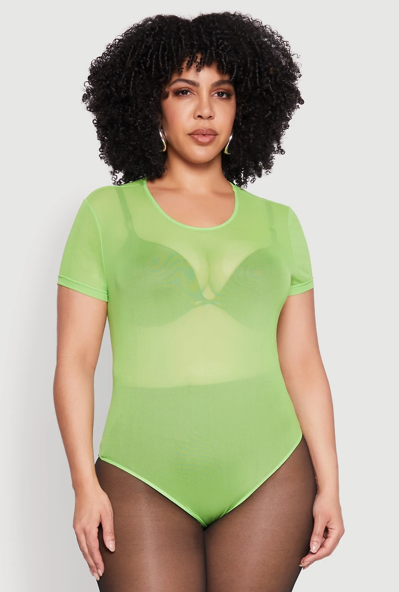 Womens Plus Size Mesh Scoop Neck Bodysuit, Green, Size 1X