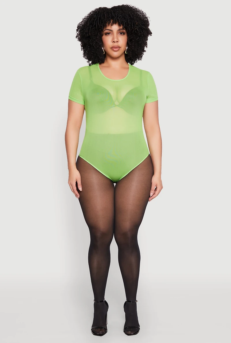 Womens Plus Size Mesh Scoop Neck Bodysuit, Green, Size 2X