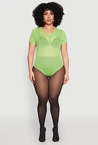Womens Plus Size Mesh Scoop Neck Bodysuit, Green, Size 2X