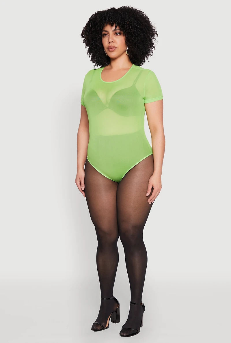 Womens Plus Size Mesh Scoop Neck Bodysuit, Green, Size 2X