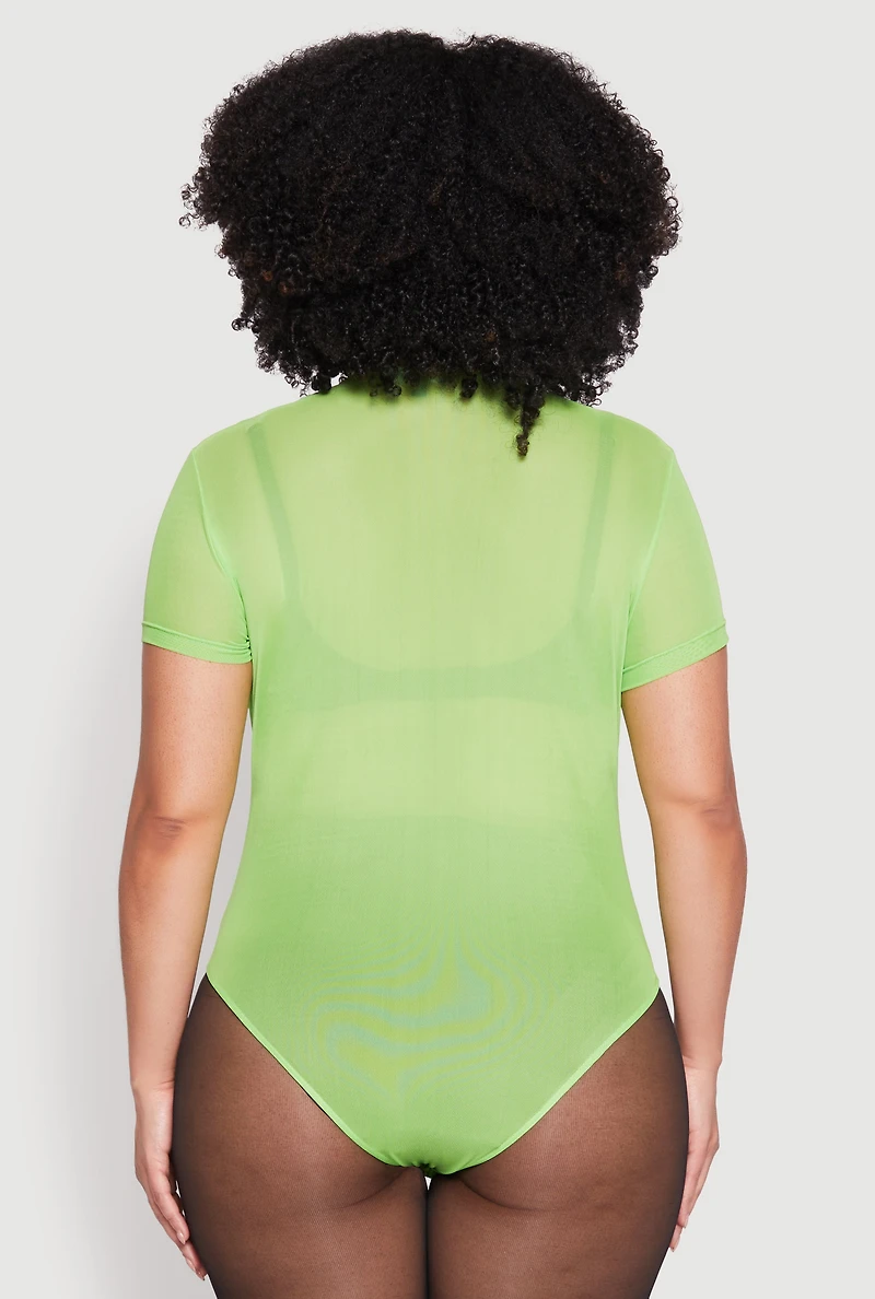 Womens Plus Size Mesh Scoop Neck Bodysuit, Green, Size 2X