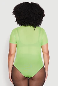 Womens Plus Size Mesh Scoop Neck Bodysuit, Green, Size 2X