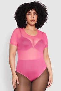 Womens Plus Size Mesh Scoop Neck Bodysuit, Pink, Size 2X