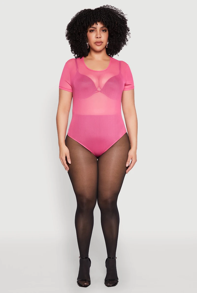 Womens Plus Size Mesh Scoop Neck Bodysuit, Pink, Size 2X
