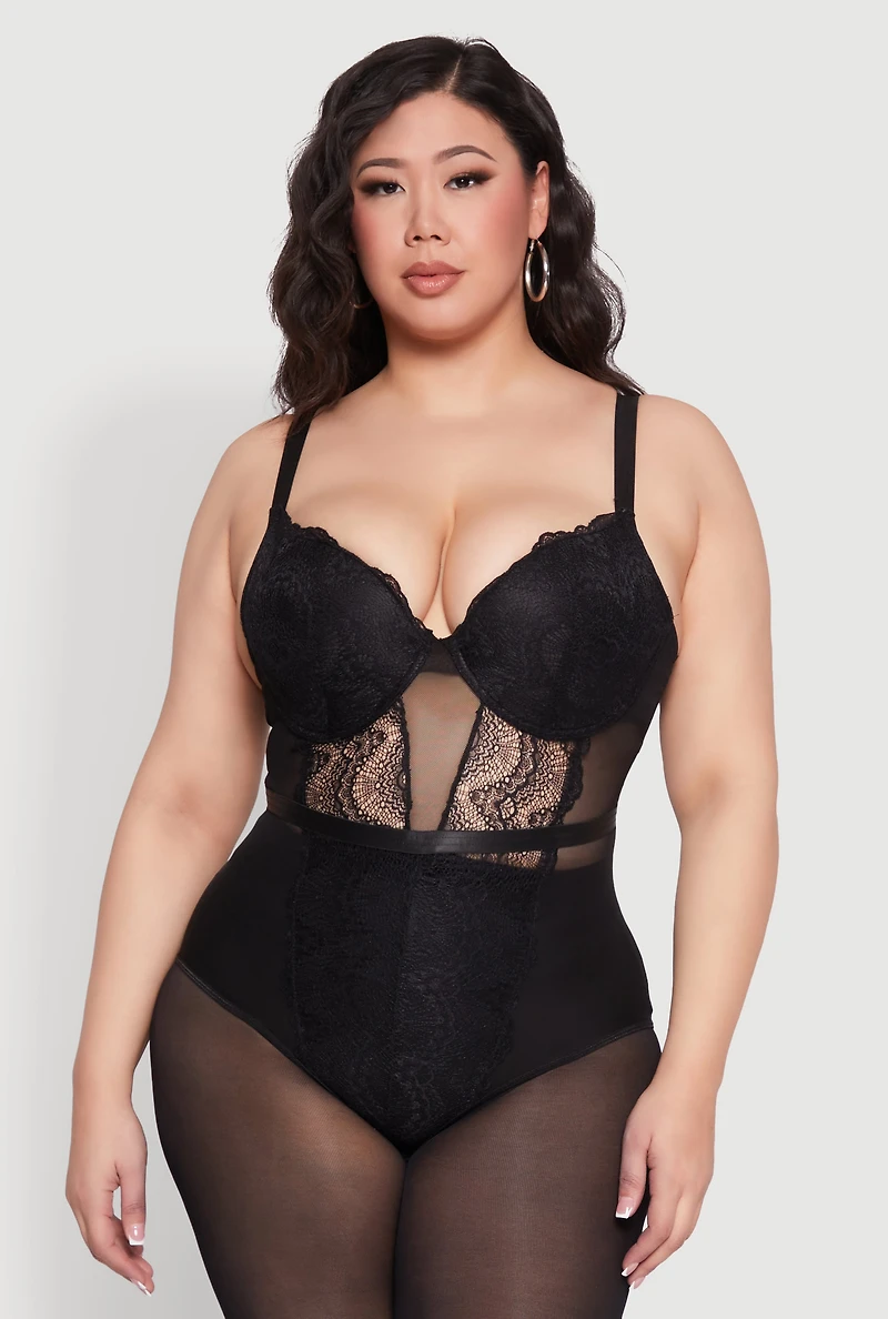 Womens Plus Lace Detail Bustier Bodysuit, 3X