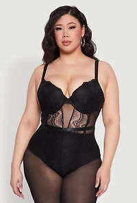 Womens Plus Lace Detail Bustier Bodysuit, 3X